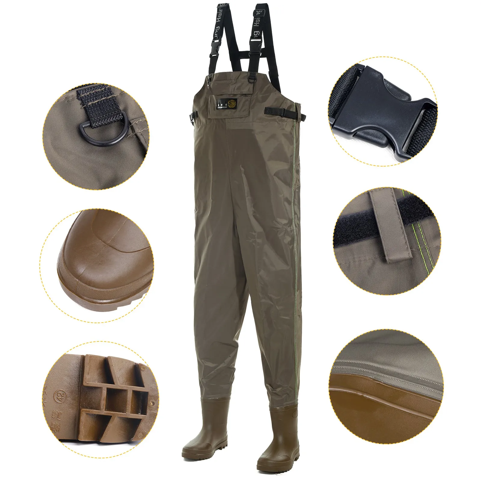 Breathable Chest Waders 210D Nylon Boot Foot Waders Fishing 41-46# 250N