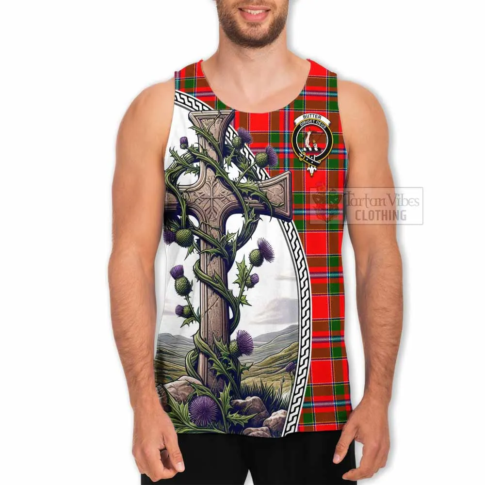 Butter Tartan Men's Tank Top with Family Crest and St. Andrew's Cross Accented by Thistle Vines