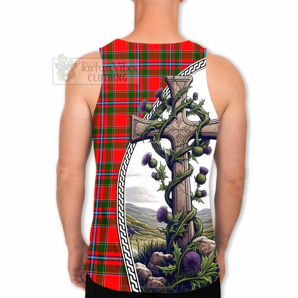 Butter Tartan Men's Tank Top with Family Crest and St. Andrew's Cross Accented by Thistle Vines