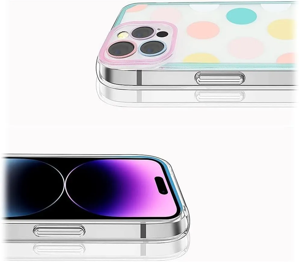 iPhone 14 Pro Max Protection Kit Bundle - Polkadot Hybrid-Flex Hard Shell Case with Tempered Glass Screen and Camera Protector (Clear/Pink/Teal)