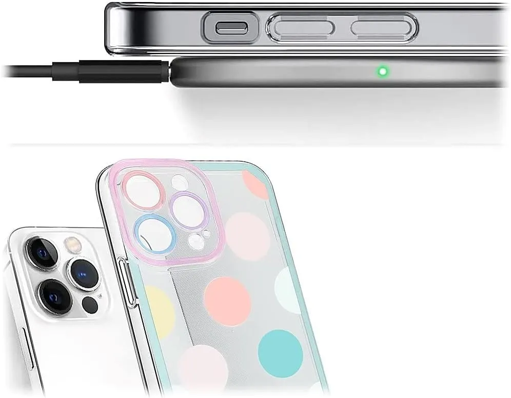 iPhone 14 Pro Max Protection Kit Bundle - Polkadot Hybrid-Flex Hard Shell Case with Tempered Glass Screen and Camera Protector (Clear/Pink/Teal)
