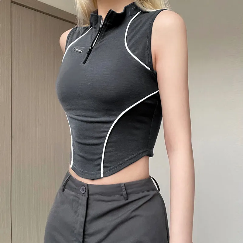 JOSKAA Fashion woman tops y2k style tank topVintage Half Zip Up Cropped Tank Top