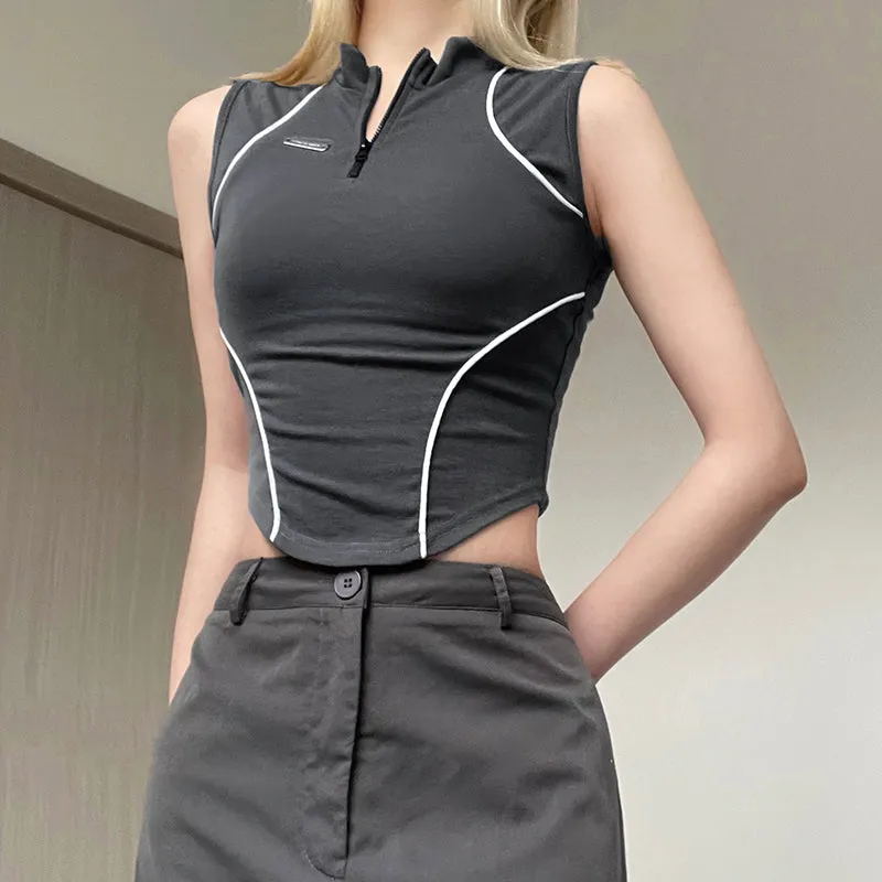 JOSKAA Fashion woman tops y2k style tank topVintage Half Zip Up Cropped Tank Top