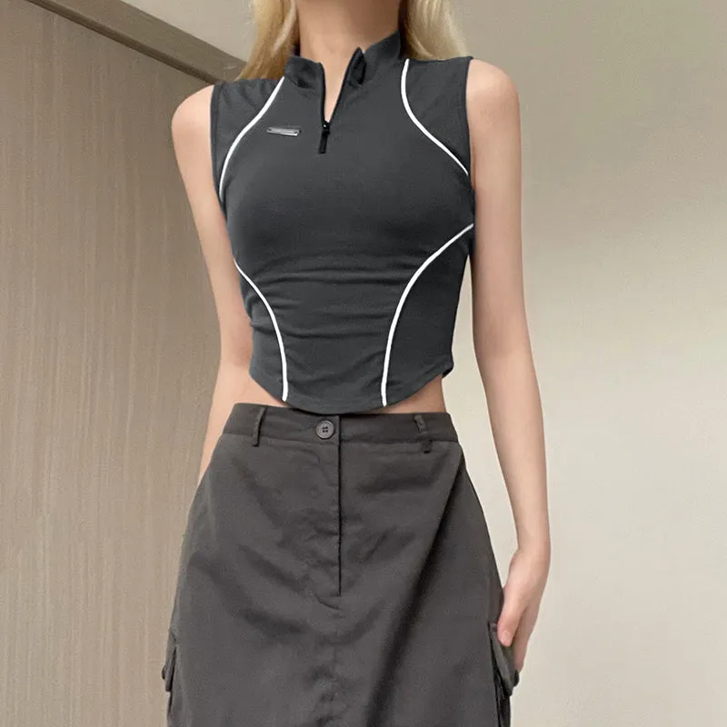 JOSKAA Fashion woman tops y2k style tank topVintage Half Zip Up Cropped Tank Top