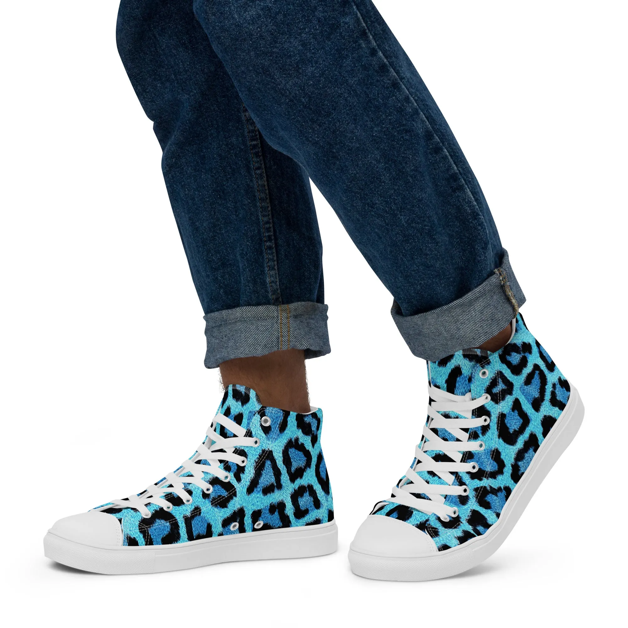 Men’s Blue Leopard Skin Print  high top canvas shoes, Men's Casual Canvas Sneakers