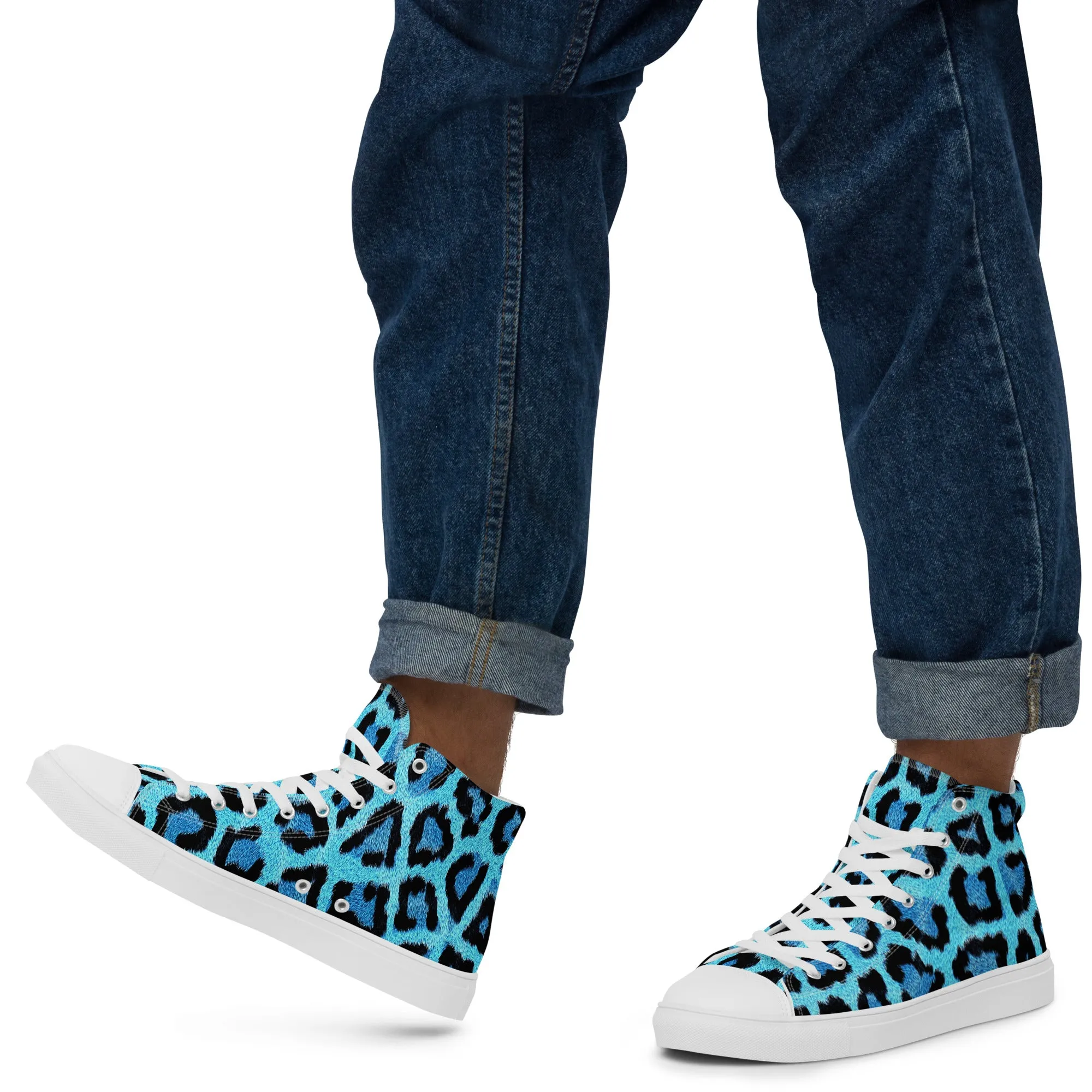 Men’s Blue Leopard Skin Print  high top canvas shoes, Men's Casual Canvas Sneakers