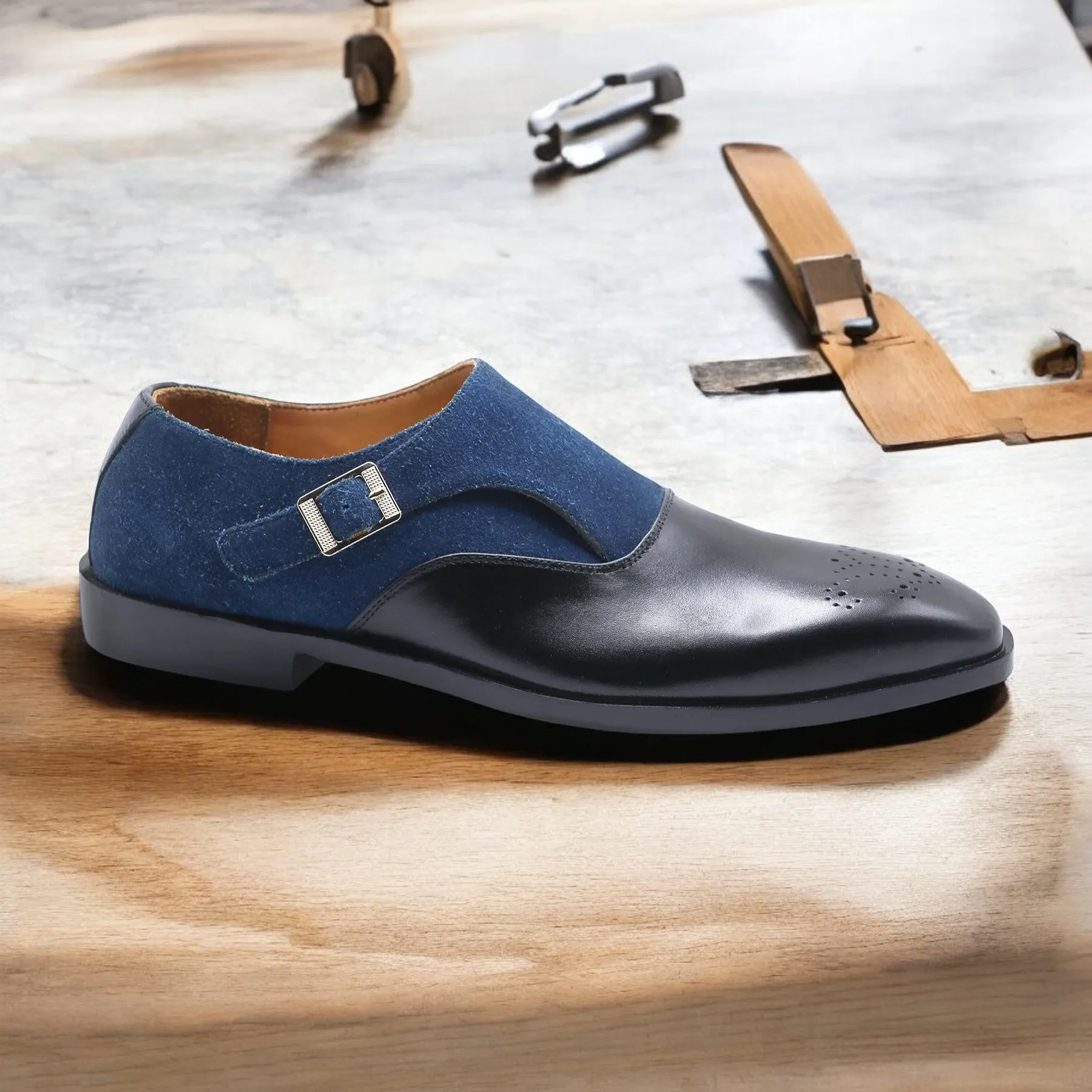 Men's Handmade Black Blue Leather Suede Shoes