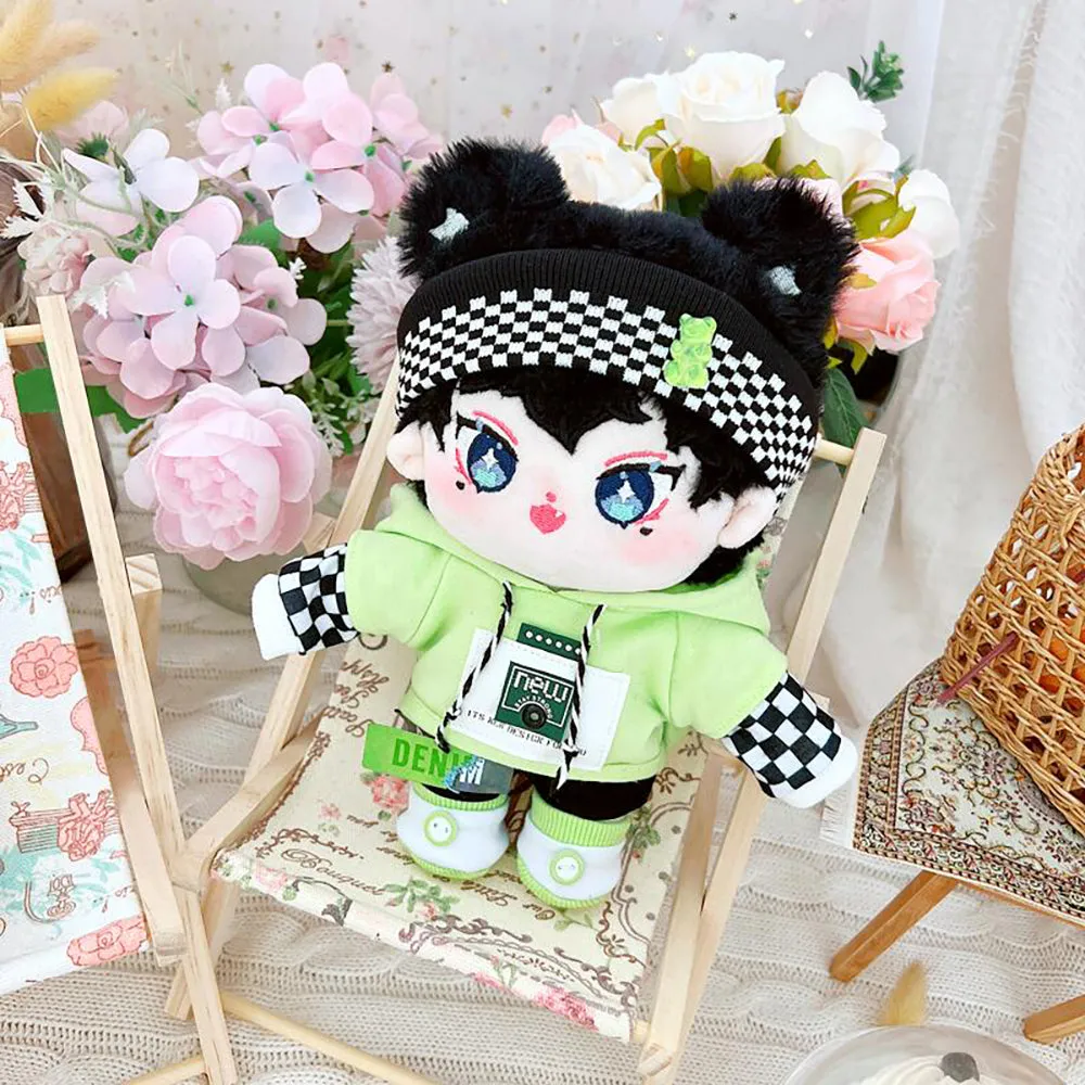 niannyyhouse 20cm Plush Doll Humanoid Stuffed Body Headband Green Hoodie Pants Shoes Kpop Doll Clothes
