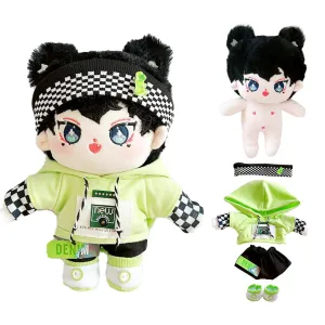 niannyyhouse 20cm Plush Doll Humanoid Stuffed Body Headband Green Hoodie Pants Shoes Kpop Doll Clothes