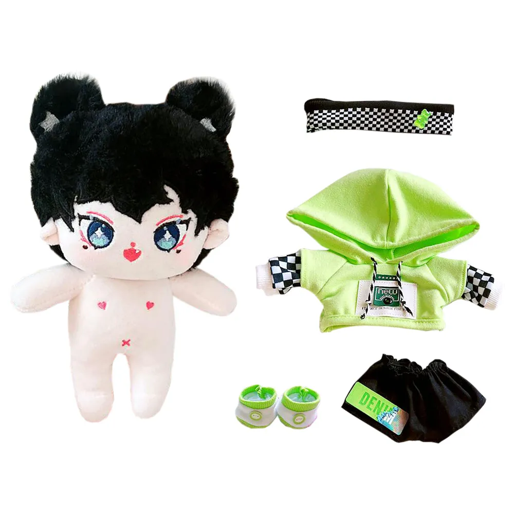 niannyyhouse 20cm Plush Doll Humanoid Stuffed Body Headband Green Hoodie Pants Shoes Kpop Doll Clothes