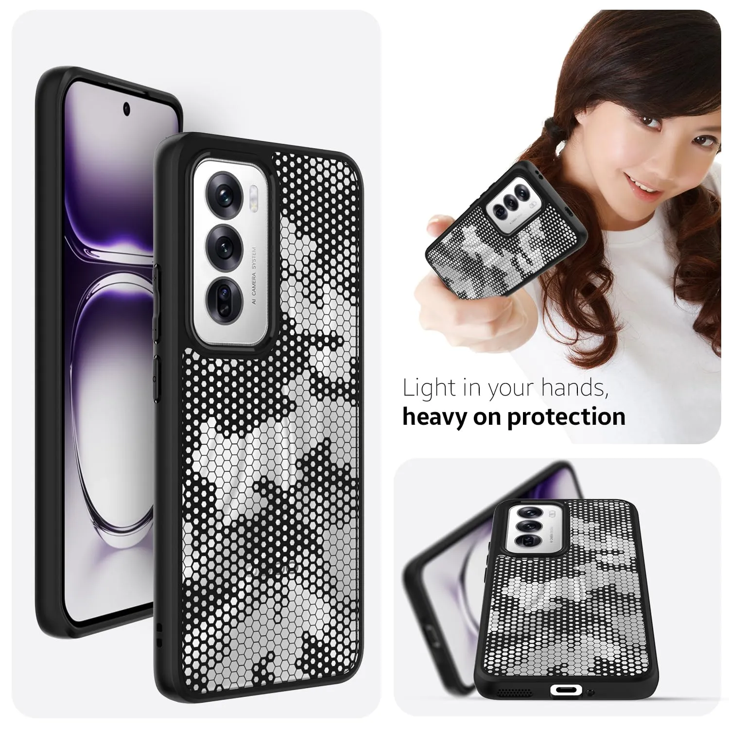 Oppo Reno 12 Back Cover Case | Hybrid - Clear (Honeycomb)
