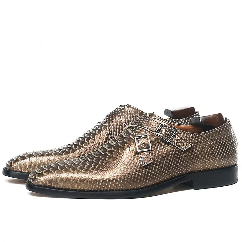 Snake Print Two Buckle Strap Shoes