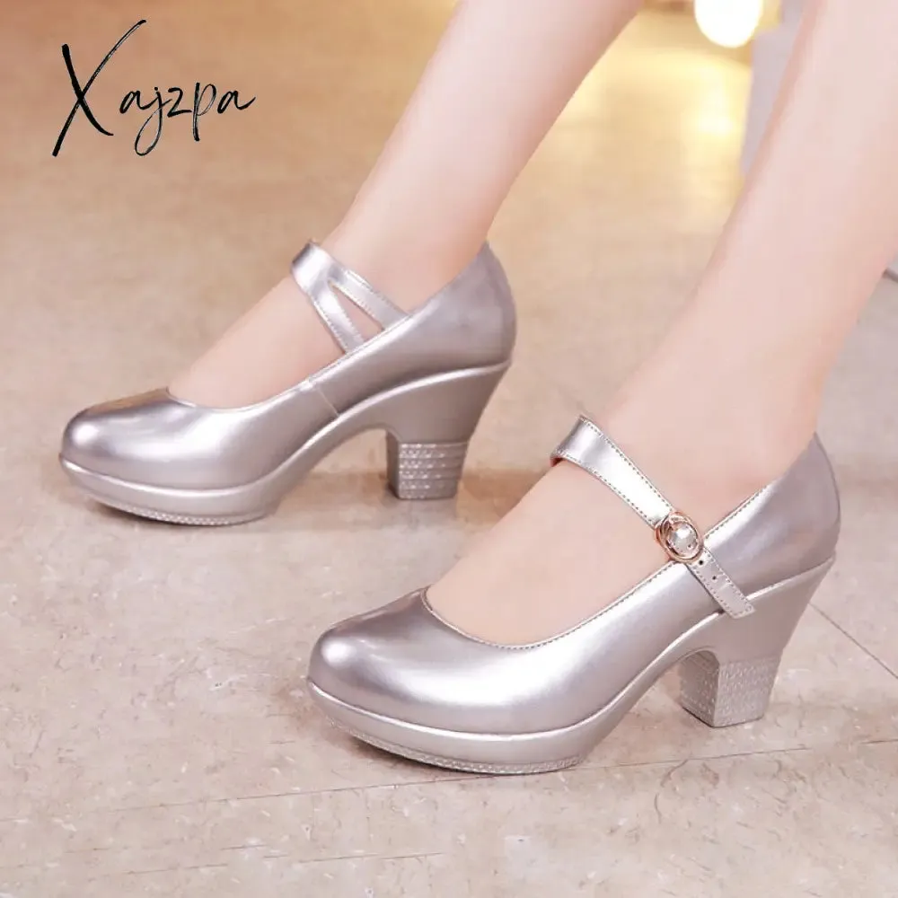 Xajzpa - Small Size 32-43 Medium Block Heel Platform Shoes Women Wedding Shoes Red White Fall Mary Jane Shoes Ladies Pumps Leather