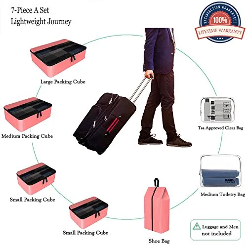 YAMIU Packing Cubes 7-Pcs Travel Organizer Accessories with Shoe Bag & 2 Toiletry Bags(Pink)